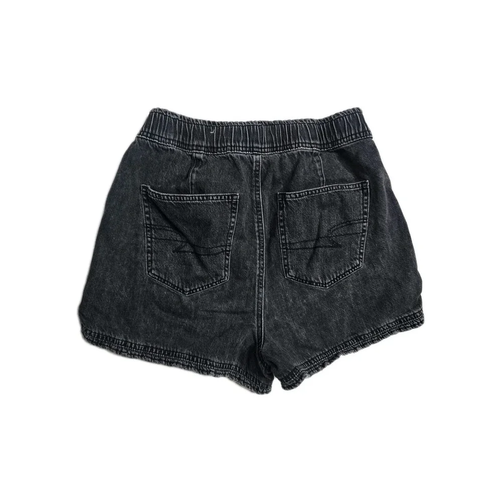 American Eagle Women's Denim Shorts Mom‎ Short  4 Black  Stretch Waist Ruffled
